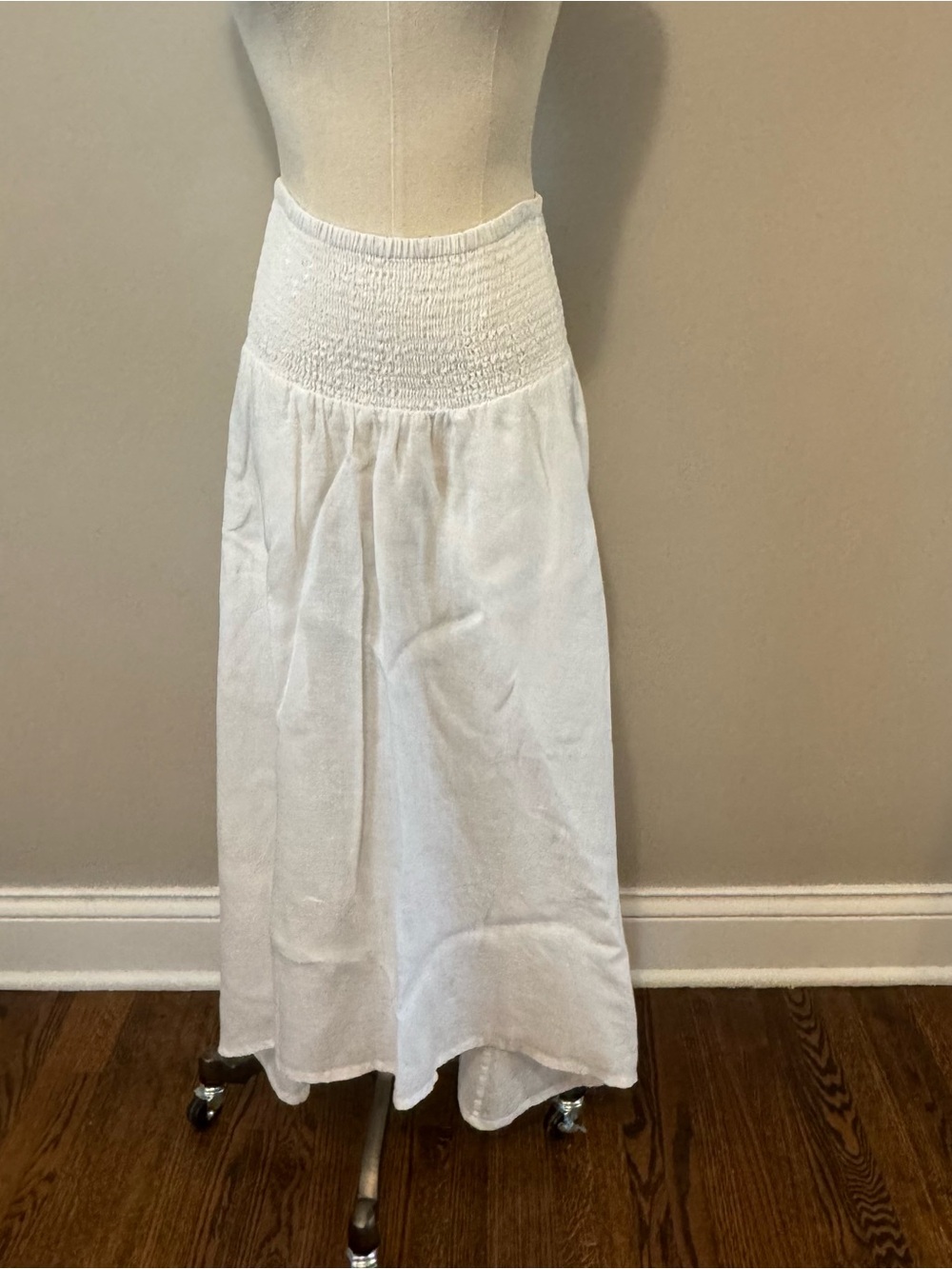Eileen Fisher White Linen Smocked-Waist Maxi Skirt